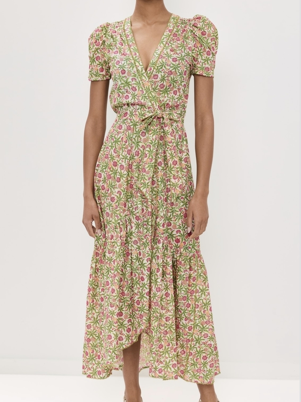 Poupette St. Barth Pink and Green Floral High-Low Tiered Skirt